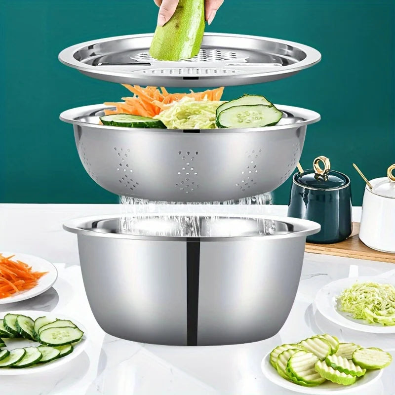 3PC Stainless Steel Kitchen Set | Grinder/Strainer/Bowl Combo with Drain System - Dishwasher Safe for Fruits/Cheese Prep