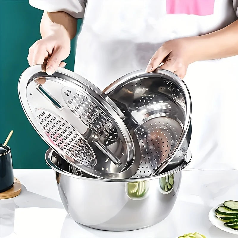 3PC Stainless Steel Kitchen Set | Grinder/Strainer/Bowl Combo with Drain System - Dishwasher Safe for Fruits/Cheese Prep